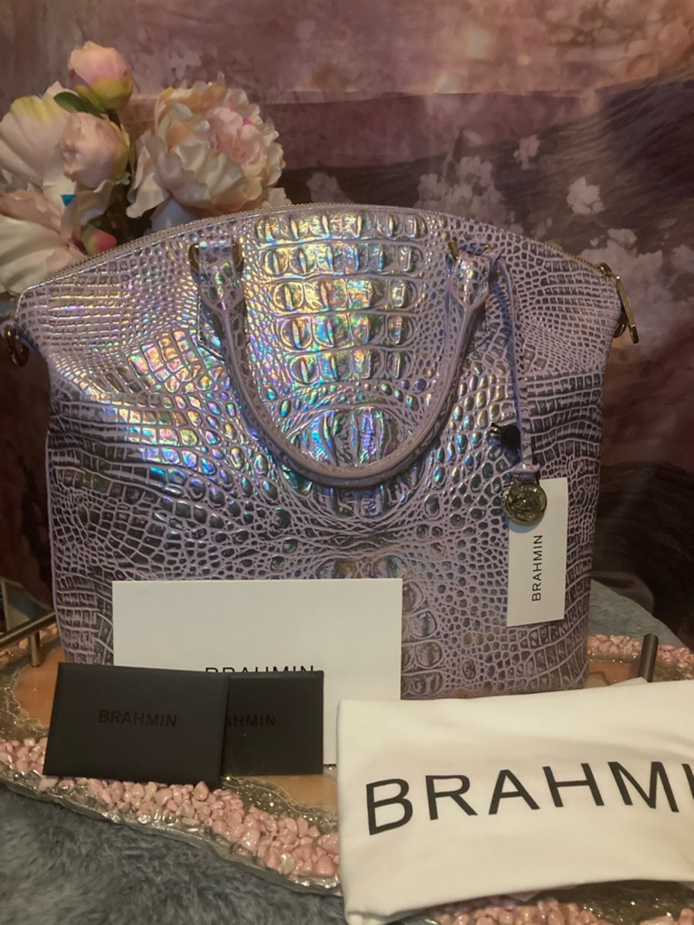 Brahmin Iridescent Crocodile Embossed Satchel duxbury violet wonderland w wallet